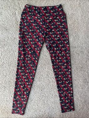 LuLaRoe Black Leggings with Red Rose Print One Size